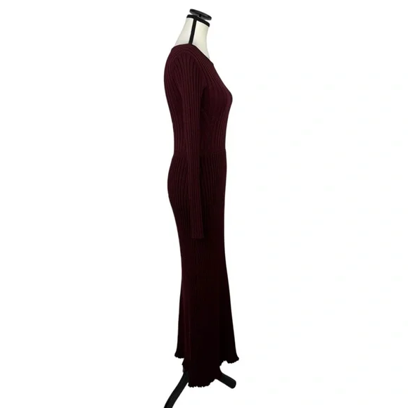 Burgundy Ribbed Knit Maxi Dress Long Sleeve Slim Fit Bodycon Elegant Evening XS - Picture 4 of 11
